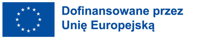 Niebieskie logo UE z napisem: Dofinansowane przez Unię Europejską.