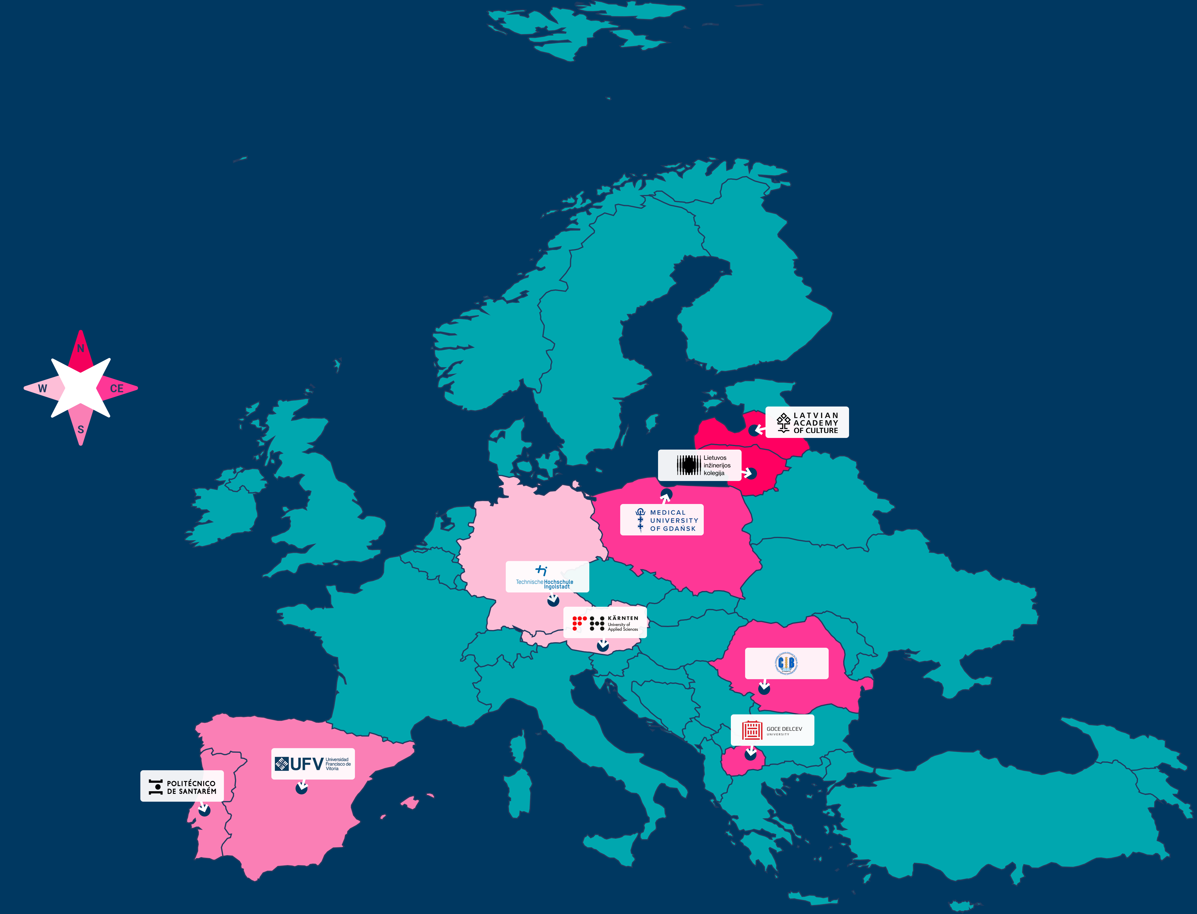 Mapa Europy z krajami konsorcjum ACE² zaznaczonymi na różowo (m.in. Hiszpania, Polska, Łotwa, Litwa, Czechy, Węgry, Rumunia, Serbia) oraz dymkami z nazwami uczelni partnerskich – np. Medical University of Gdańsk, Latvian Academy of Culture, Universidad Francisco de Vitoria i Politécnico de Santarém.