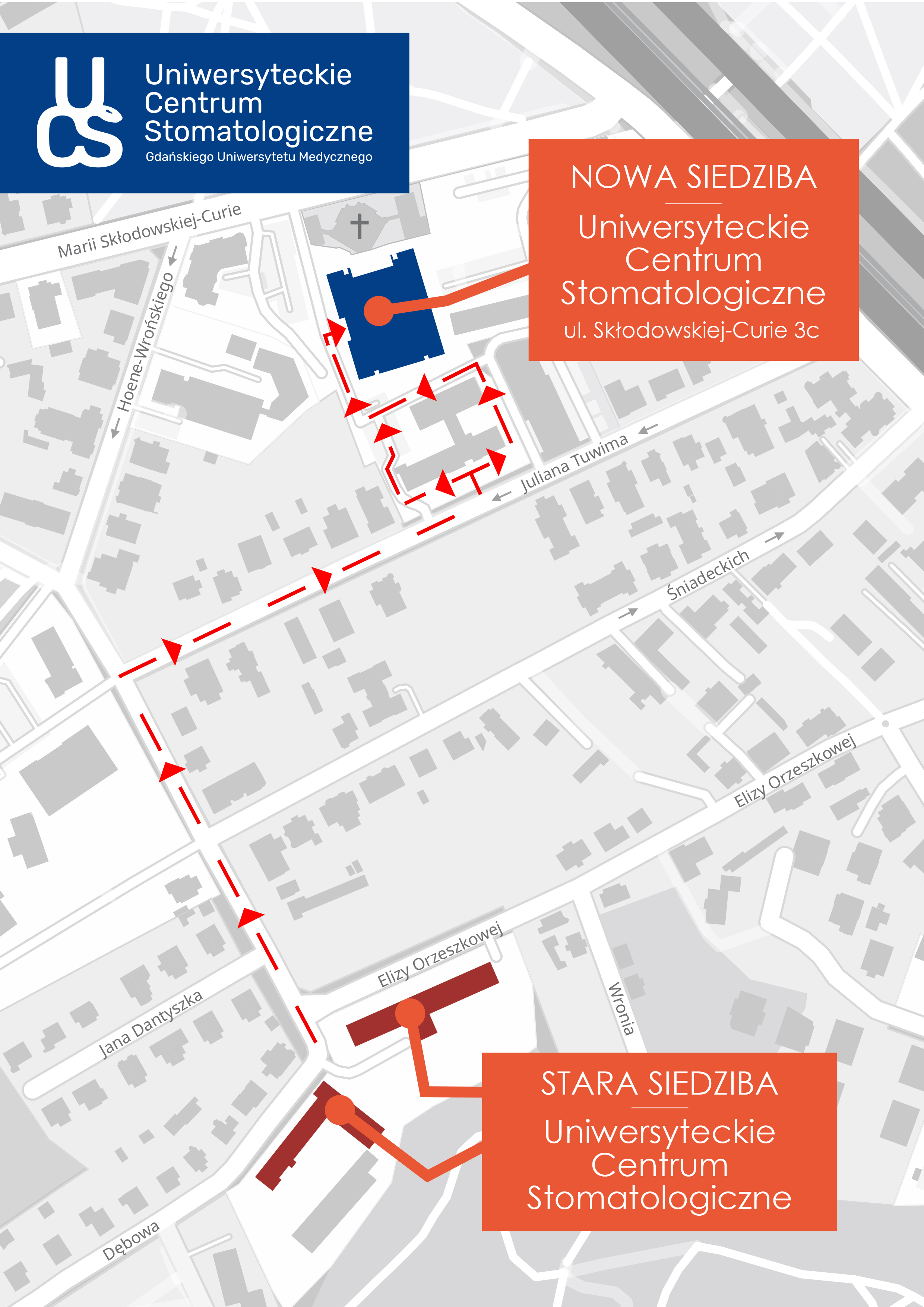 Mapa przedstawiająca trasę przejścia pomiędzy dotychczasową, a nowa siedzibą Uniwersyteckiego Centrum Stomatologicznego