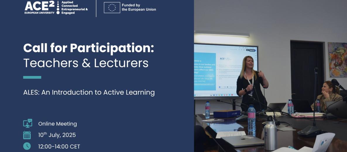 Baner ACE²: ‘Call for Participation – Teachers & Lecturers’; spotkanie online 10.07.2025, 12:00–14:00 CET; obok zdjęcie prowadzącej przy ekranie.