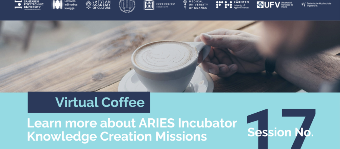Grafika ‘Virtual Coffee’: ARIES Incubator Knowledge Creation Missions, sesja 17, 29.10.2025, 15:00 EEST; filiżanka kawy.