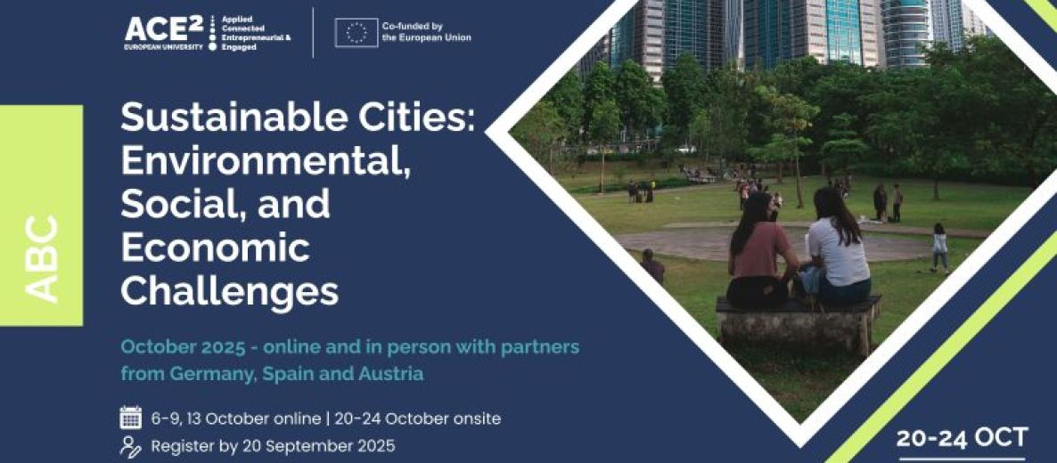 Grafika ACE² o kursie ‘Sustainable Cities: Environmental, Social, and Economic Challenges’ — hybrydowo w październiku 2025; online 6–9 i 13 X, stacjonarnie 20–24 X w Niemczech; rejestracja do 20.09.2025; zdjęcie parku na tle wieżowców.