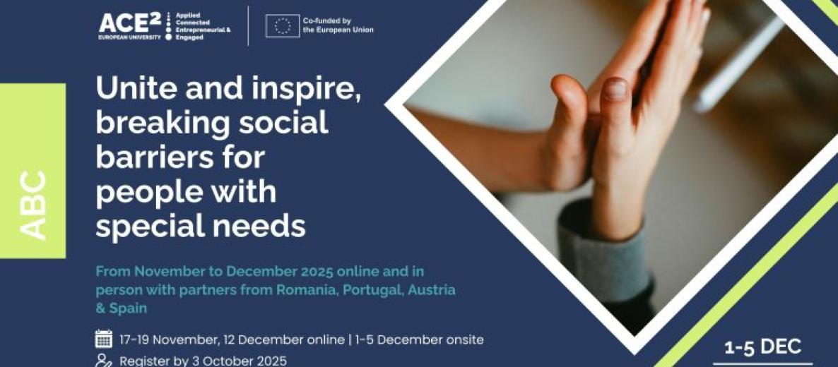Baner ACE² ‘Unite and inspire, breaking social barriers for people with special needs’ — listopad–grudzień 2025, online i stacjonarnie z partnerami z Rumunii, Portugalii, Austrii i Hiszpanii; online 17–19 XI i 12 XII, stacjonarnie 1–5 XII w Rumunii; rejestracja do 03.10.2025; zdjęcie z przybijaniem ‘piątki’.