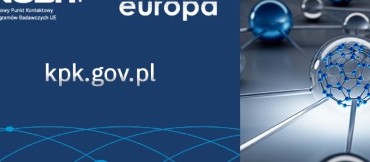 Granatowa grafika NCBR i Horyzont Europa z adresem kpk.gov.pl; po prawej schematyczne cząsteczki i sieć połączeń.