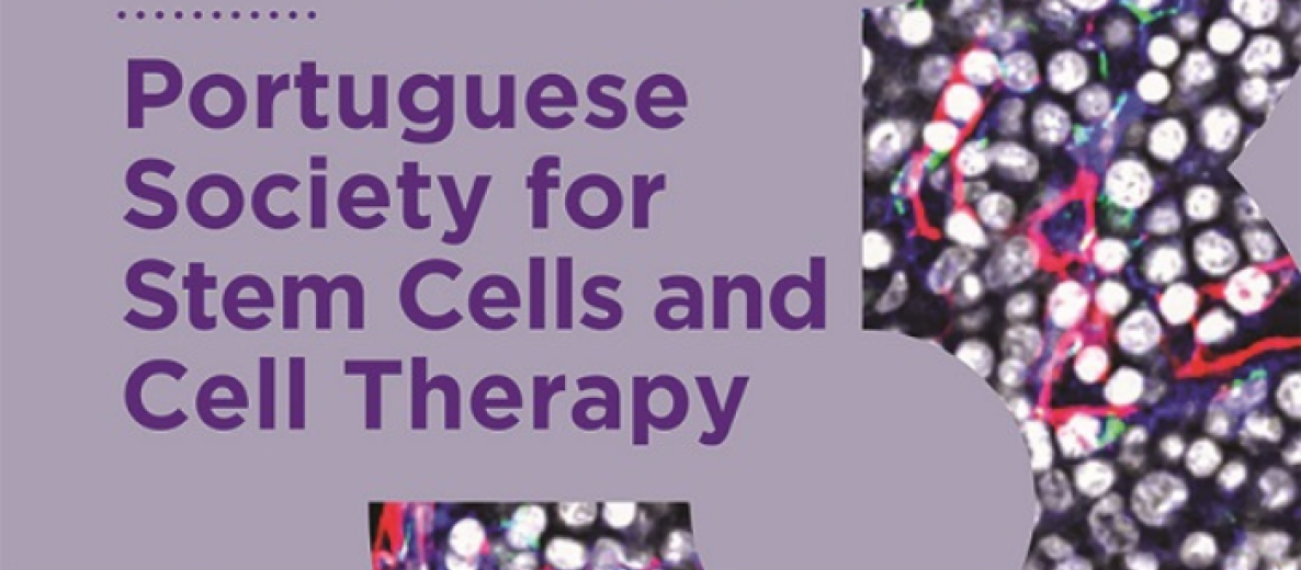 Plakat 14th International Meeting of the SPCE-TC – Portuguese Society for Stem Cells and Cell Therapy; w tle obraz mikroskopowy komórek.