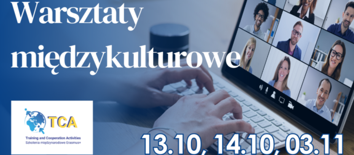 Baner #interlab: ‘Warsztaty międzykulturowe’, daty 13.10, 14.10, 03.11; w tle laptop z wideokonferencją.