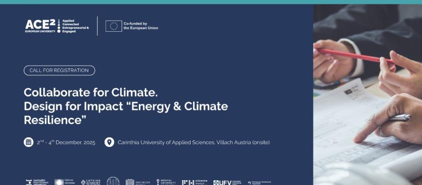Baner ACE²: ‘Collaborate for Climate – Energy & Climate Resilience’, 2–4 XII 2025, Carinthia UAS, Villach (stacjonarnie).