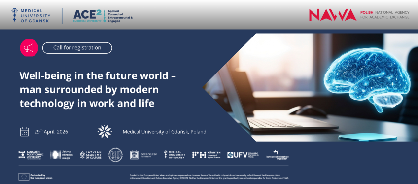 Baner wydarzenia „Well-being in the future world - man surrounded by modern technology in work and life”, Medical University of Gdańsk, 29 kwietnia 2026