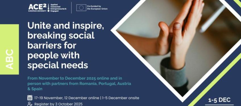 Baner ACE² ‘Unite and inspire, breaking social barriers for people with special needs’ — listopad–grudzień 2025, online i stacjonarnie z partnerami z Rumunii, Portugalii, Austrii i Hiszpanii; online 17–19 XI i 12 XII, stacjonarnie 1–5 XII w Rumunii; rejestracja do 03.10.2025; zdjęcie z przybijaniem ‘piątki’.
