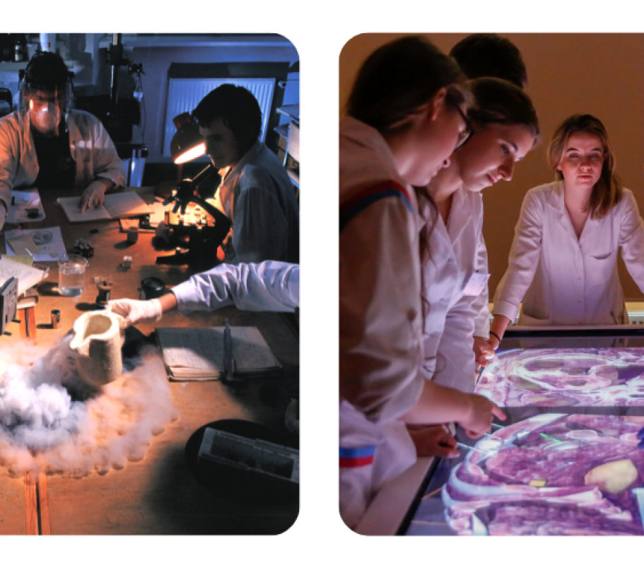 Banner for Fahrenheit Universities with white logo on blue, followed by three rounded photos: researchers conducting a lab experiment with vapor, students studying on a digital anatomy table, and a scientist looking into a microscope.