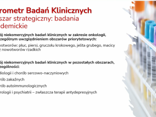Barometr Badań Klinicznych — obszar strategiczny: badania akademickie. Rozwój niekomercyjnych badań klinicznych w onkologii (płuco, pierś, prostata, jelito grube, macica, nowotwory rzadkie) oraz w kardiologii, chorobach zakaźnych, autoimmunologicznych, neurologii i psychiatrii (zwłaszcza terapie przeciwdepresyjne).